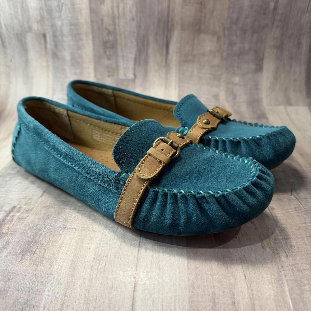 Ariat Womens 8.5 B Free Rein Suede Driving Moccasin Loafer Shoes Teal Brown